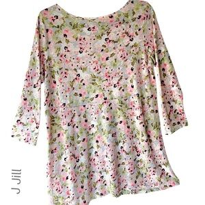 J JILL LOVE LINEN NWOT PURE LINEN FLORAL TUNIC TOP TIE BACK PINK CREAM | XS